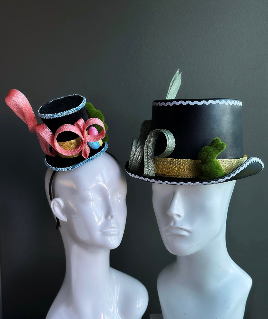 Whimsical mini top hats sold individually or as a coordinated couples set.