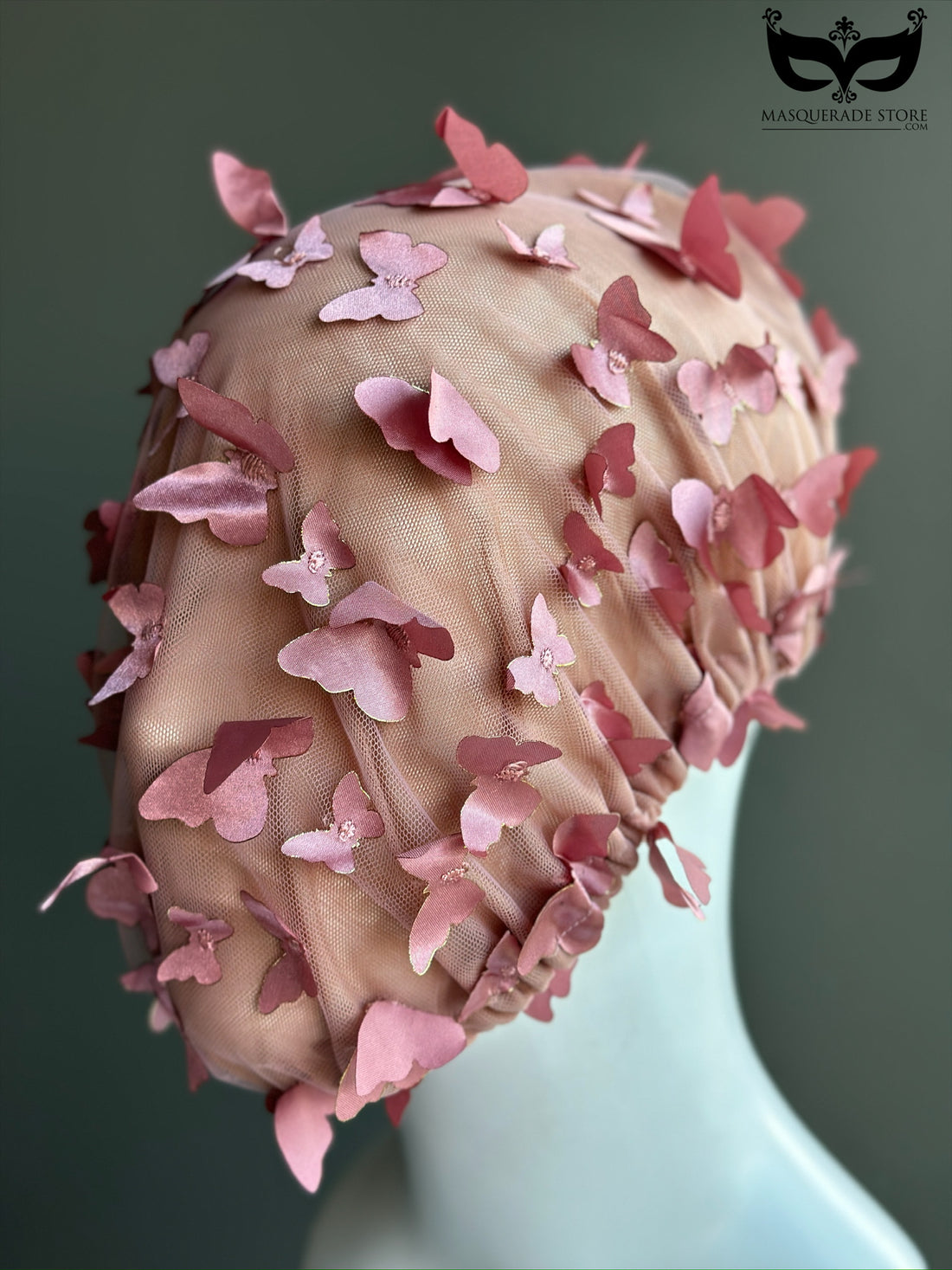 Pink mesh fantasy hood with 3D butterflies for fairies, cosplay, or rave outfits