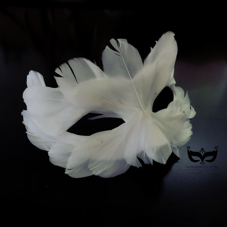 Celeste white feather masquerade mask with angelic Venetian-inspired design, perfect for weddings and elegant parties.