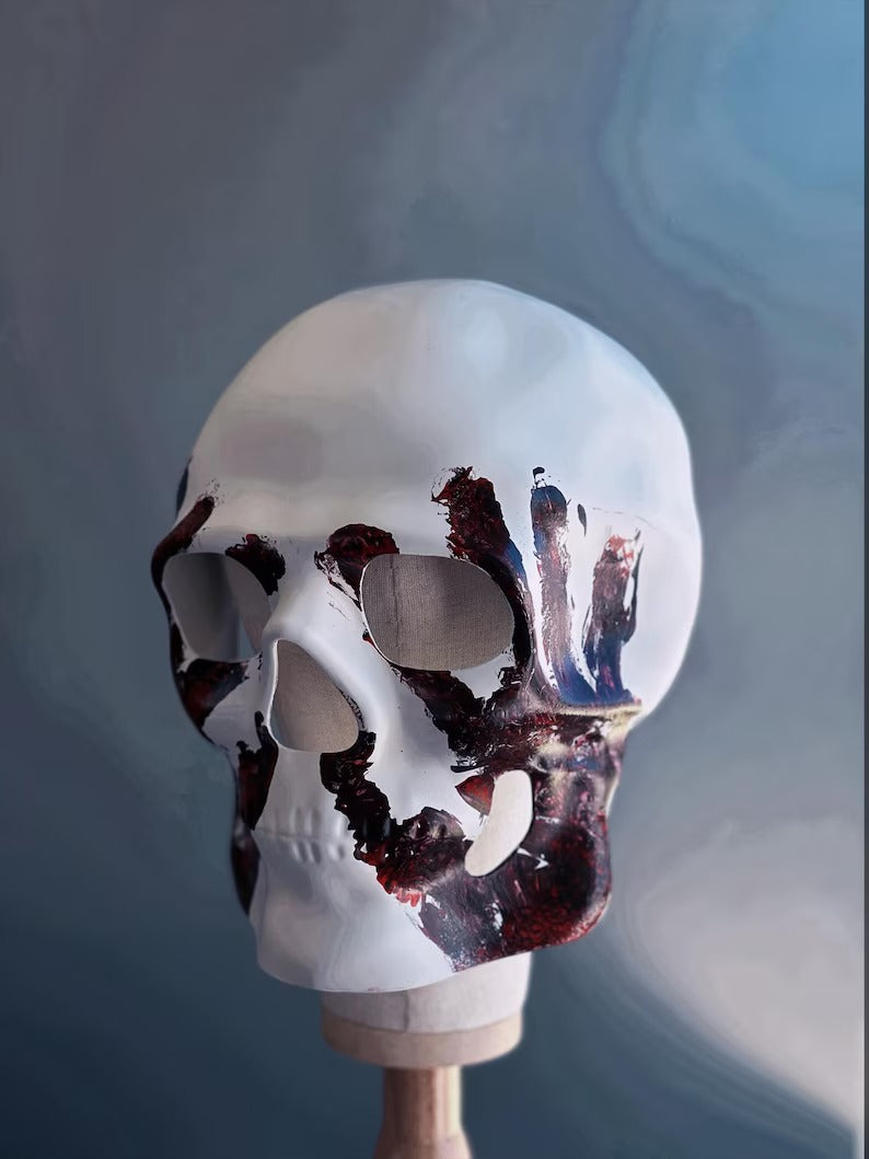White and red skull masquerade mask for men, gothic Halloween costume mask.