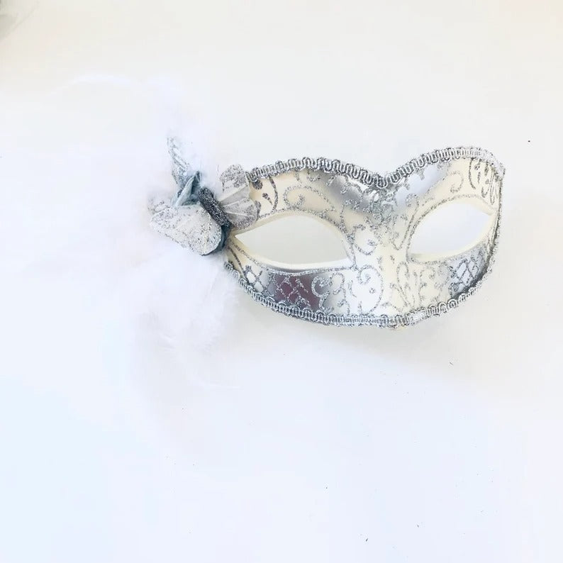 Elegant white and silver masquerade mask with feathers and glitter, Venetian party mask for weddings and proms.