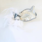Elegant white and silver masquerade mask with feathers and glitter, Venetian party mask for weddings and proms.