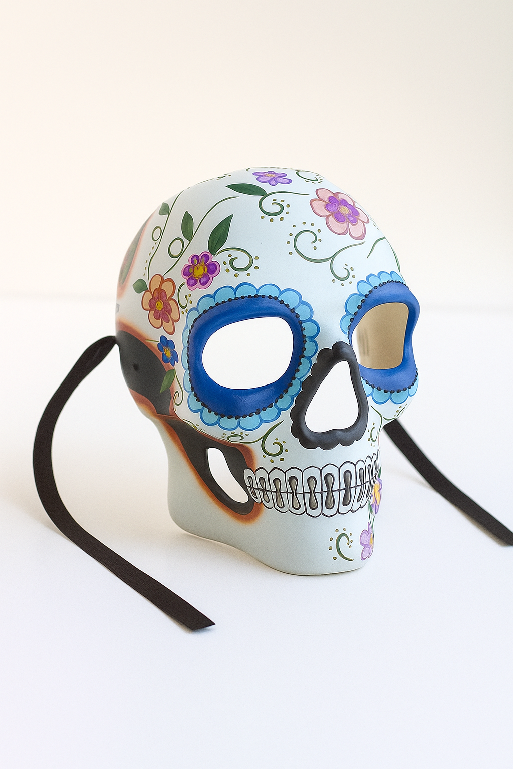 White sugar skull mask with blue eye accents and floral designs.