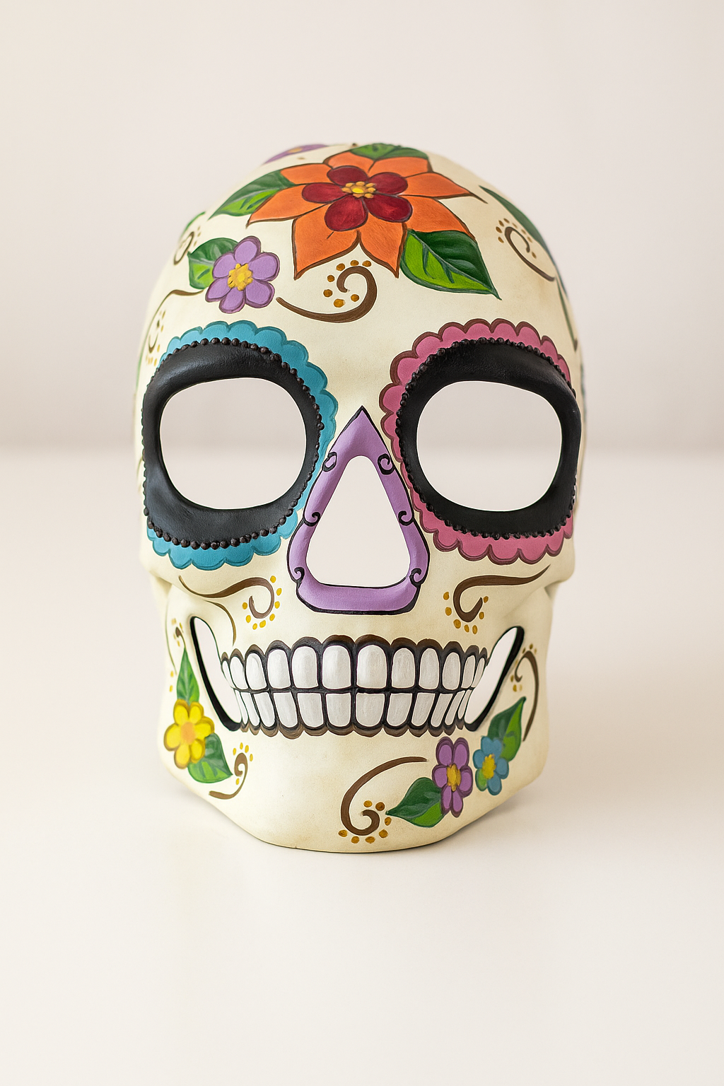 White sugar skull mask decorated with flowers.