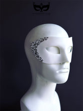 Men’s white masquerade mask with black filigree design, Venetian style for formal or costume events