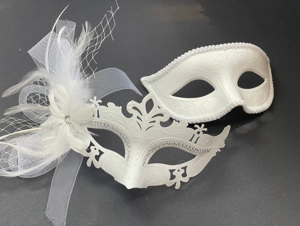 White Venetian couples masquerade mask set with feather and mesh embellished women’s mask and matte white men’s eye mask