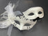 White Venetian couples masquerade mask set with feather and mesh embellished women’s mask and matte white men’s eye mask