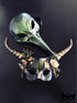 Couples green plague crow mask and floral horn masquerade mask with moss accents