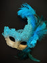 Turquoise gold mask set with feathers and gems.
