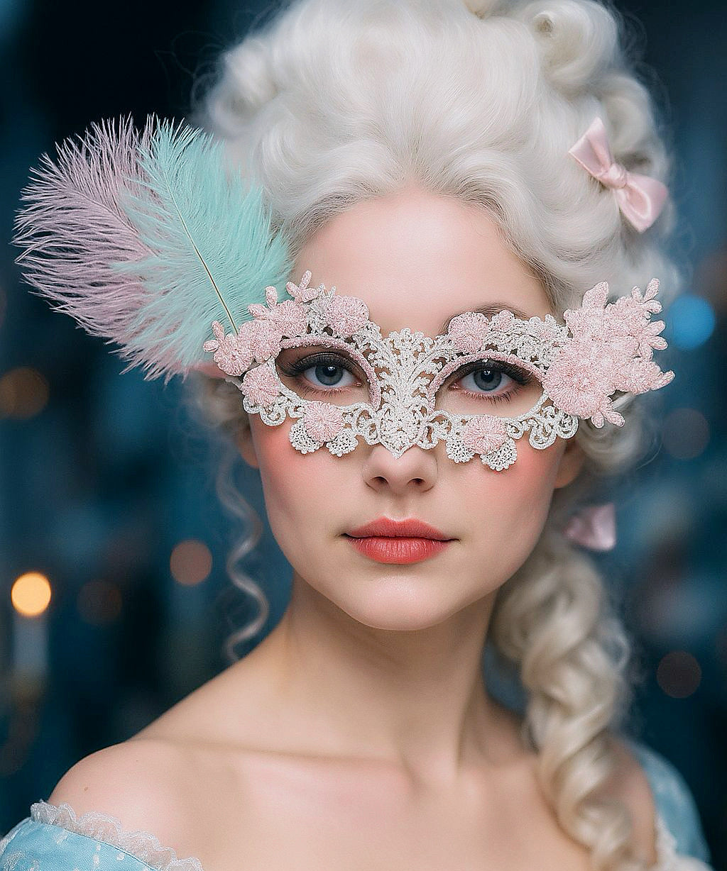 White lace mask with pink floral lace fabric, rhinestones, and pink blue feathers.