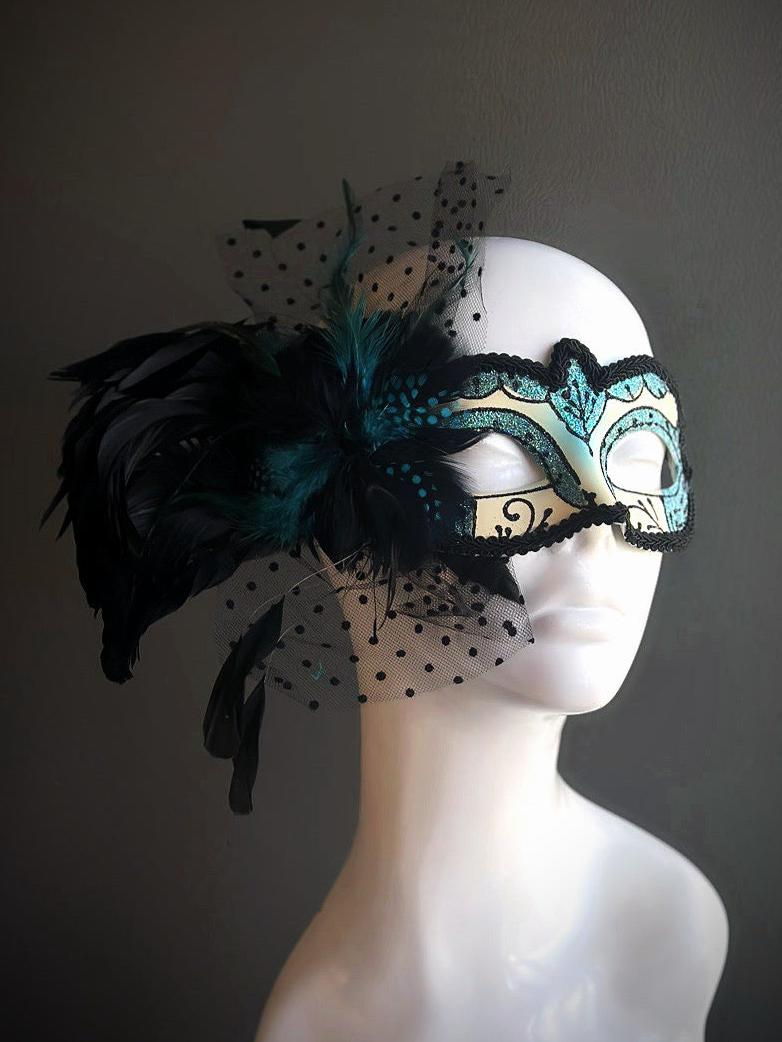 Turquoise and black feather masquerade mask with polka dot netting.