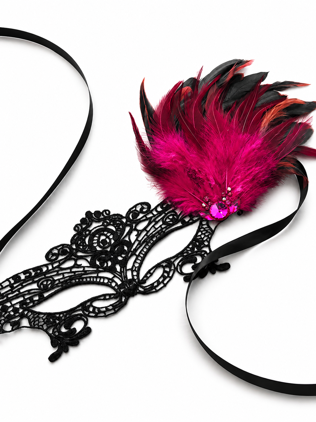 womens lace mask with feathers fuchsia pink