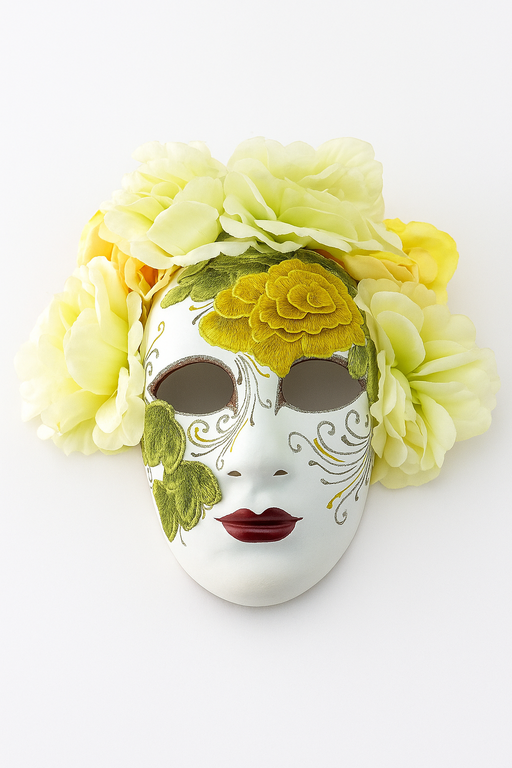 Yellow rose embroidered full-face masquerade mask with floral crown for Day of the Dead and Halloween.