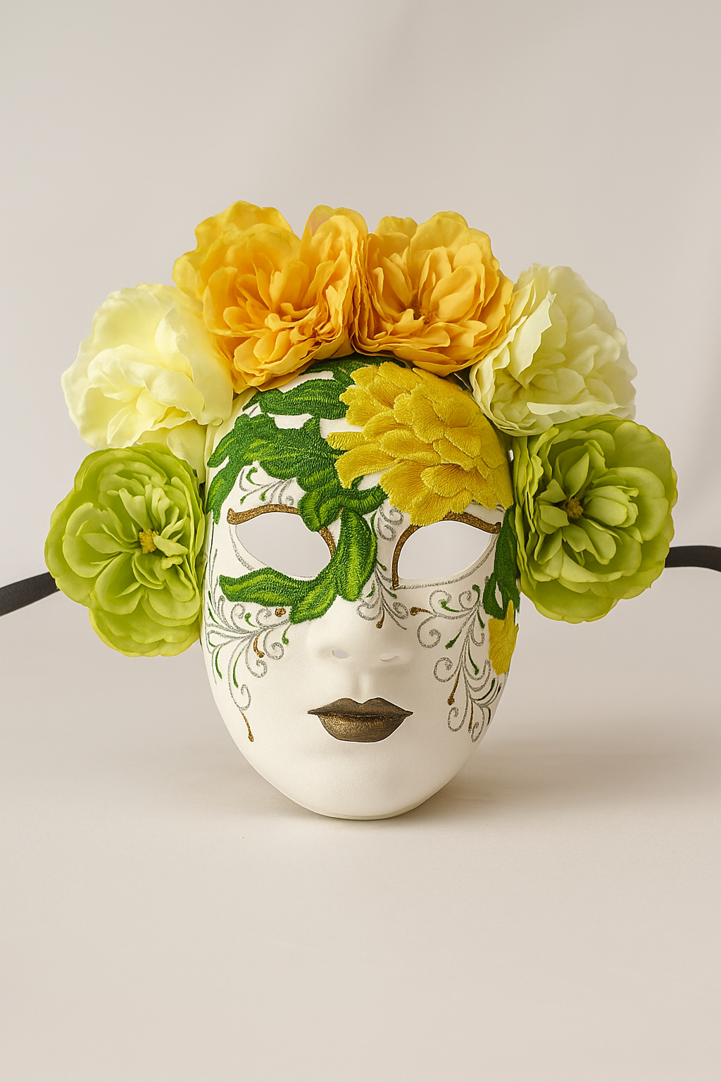 Yellow rose embroidered masquerade mask full-face with floral crown.