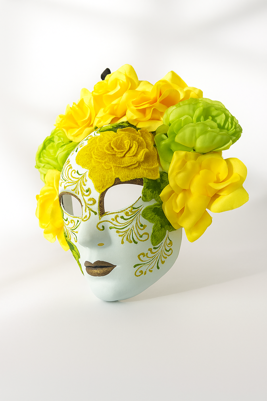 Yellow rose floral embroidered full-face masquerade mask with flower crown for Day of the Dead and Halloween.