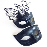 Elegant black Venetian couples masquerade masks featuring a butterfly wing design for women and a scroll-patterned mask for men, perfect for formal events and themed parties.

