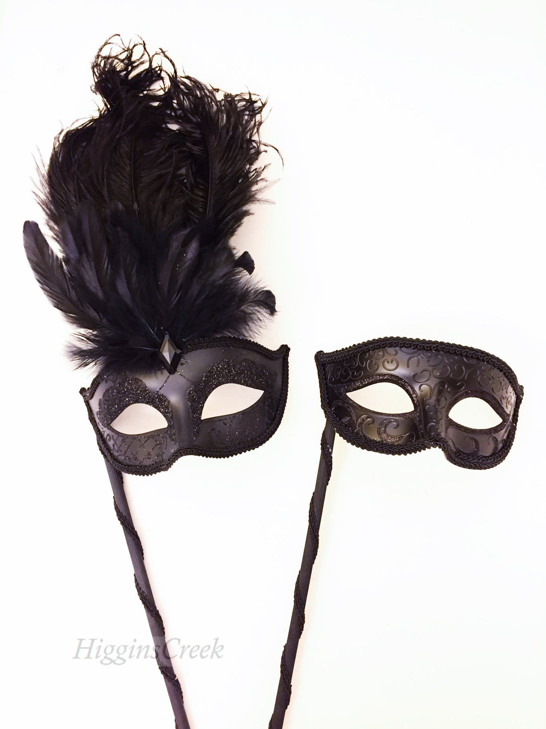 Elegant black couples masquerade masks with feather and Venetian styling

