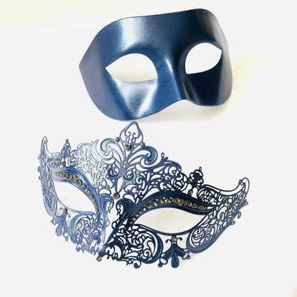 Couples masquerade masks in navy with rhinestones on the women&