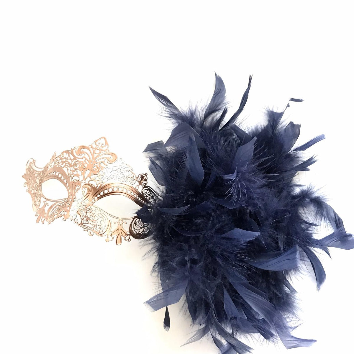 Handheld Rose Gold Mask - Navy Feathers