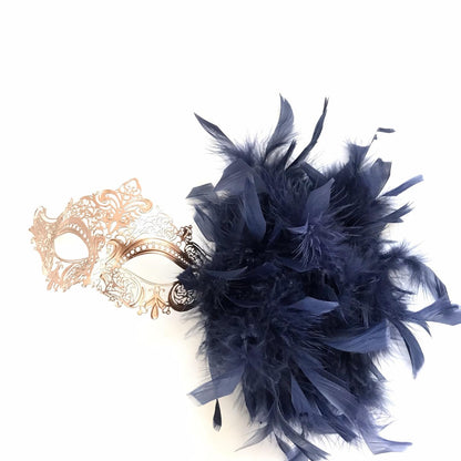 Handheld Rose Gold Mask - Navy Feathers