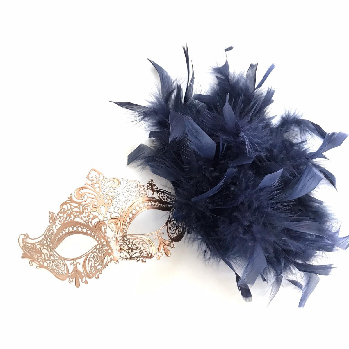 Handheld Rose Gold Mask - Navy Feathers