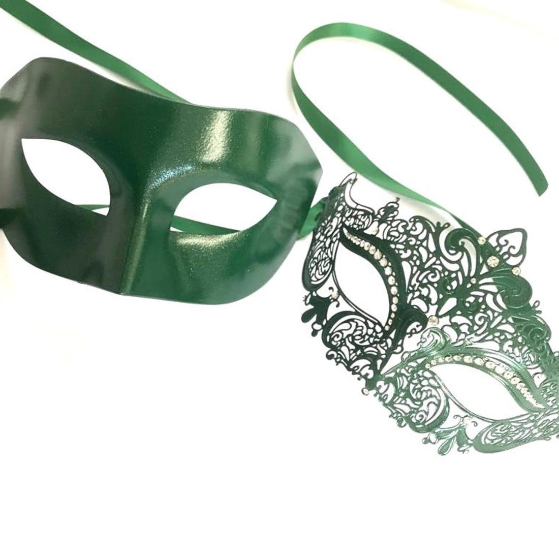 Couples masquerade mask set in emerald green with rhinestones on the women&