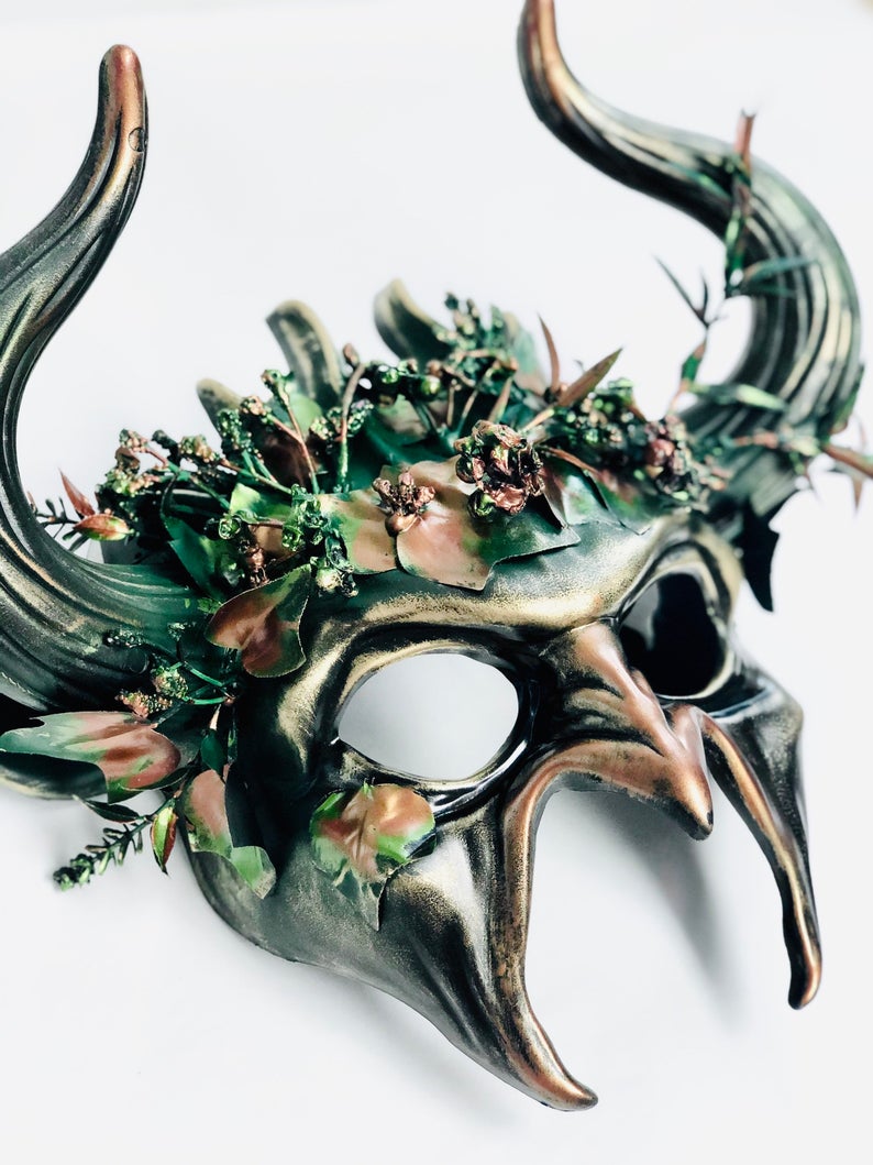 Ram Horn Forest Goblin Mask - Copper/Green