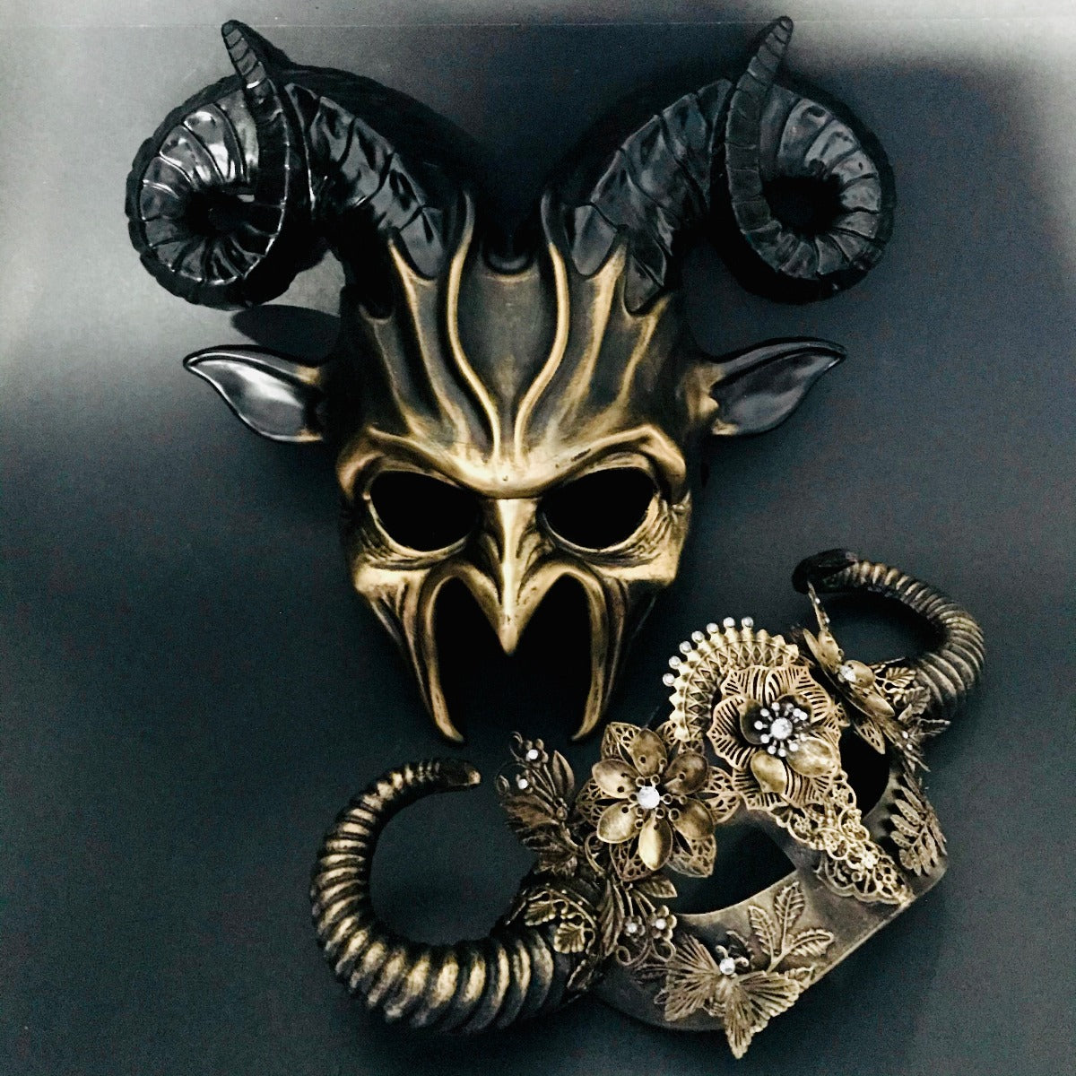 Mythic Masks Men's Goblin Gold Mask And Gold Mythical Women's Mask | Masquerade Store