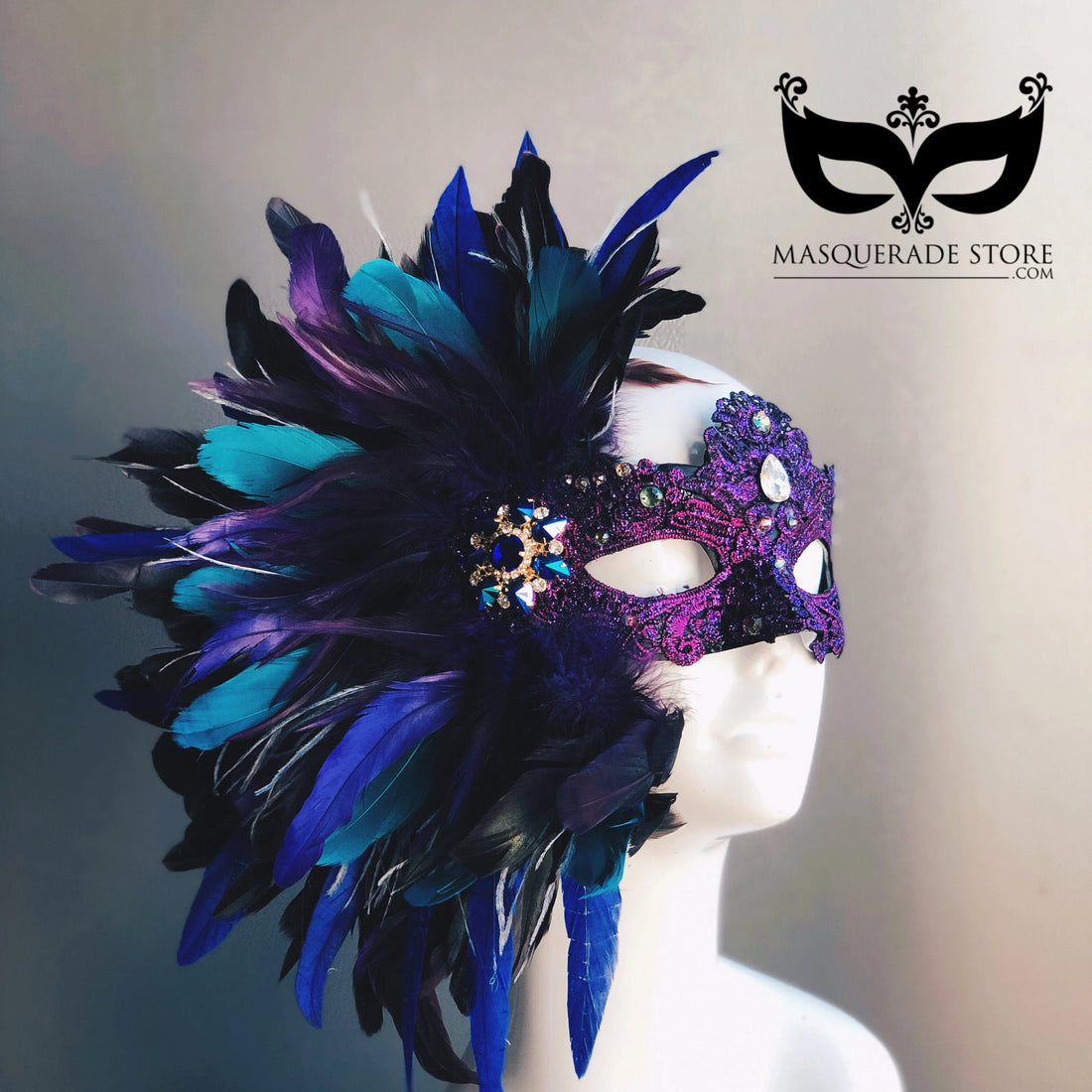large feather mask women purple blue turquoise