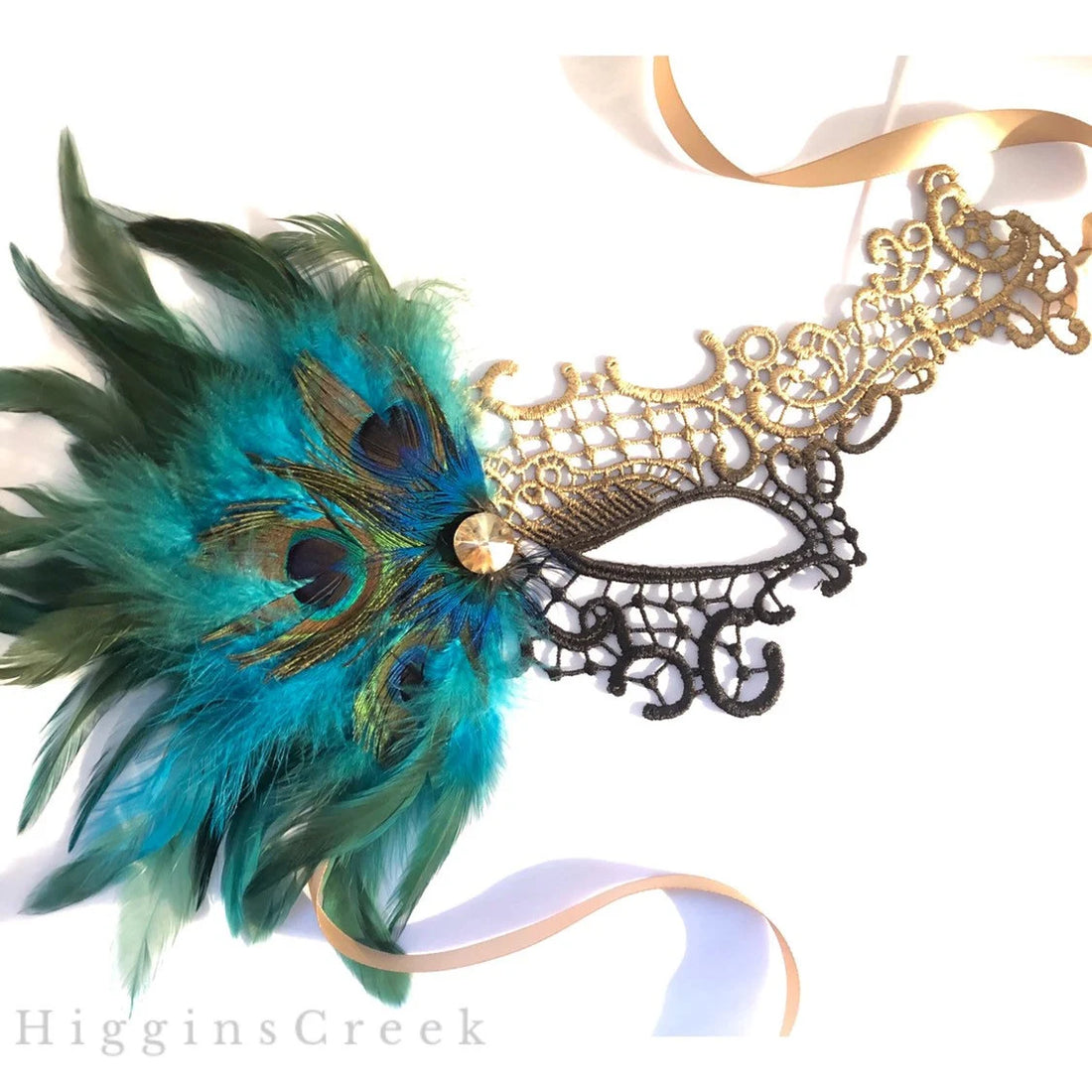 teal masquerade mask women feathers lace